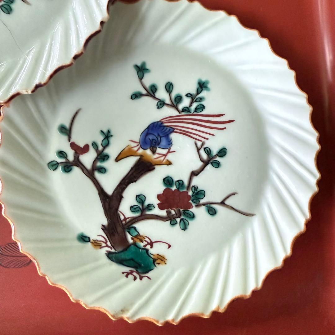 2164感謝‼️夏の倣い古九谷‼️幸せ強運の色絵花鳥図在銘福波打つ小皿4客➕1客プレ