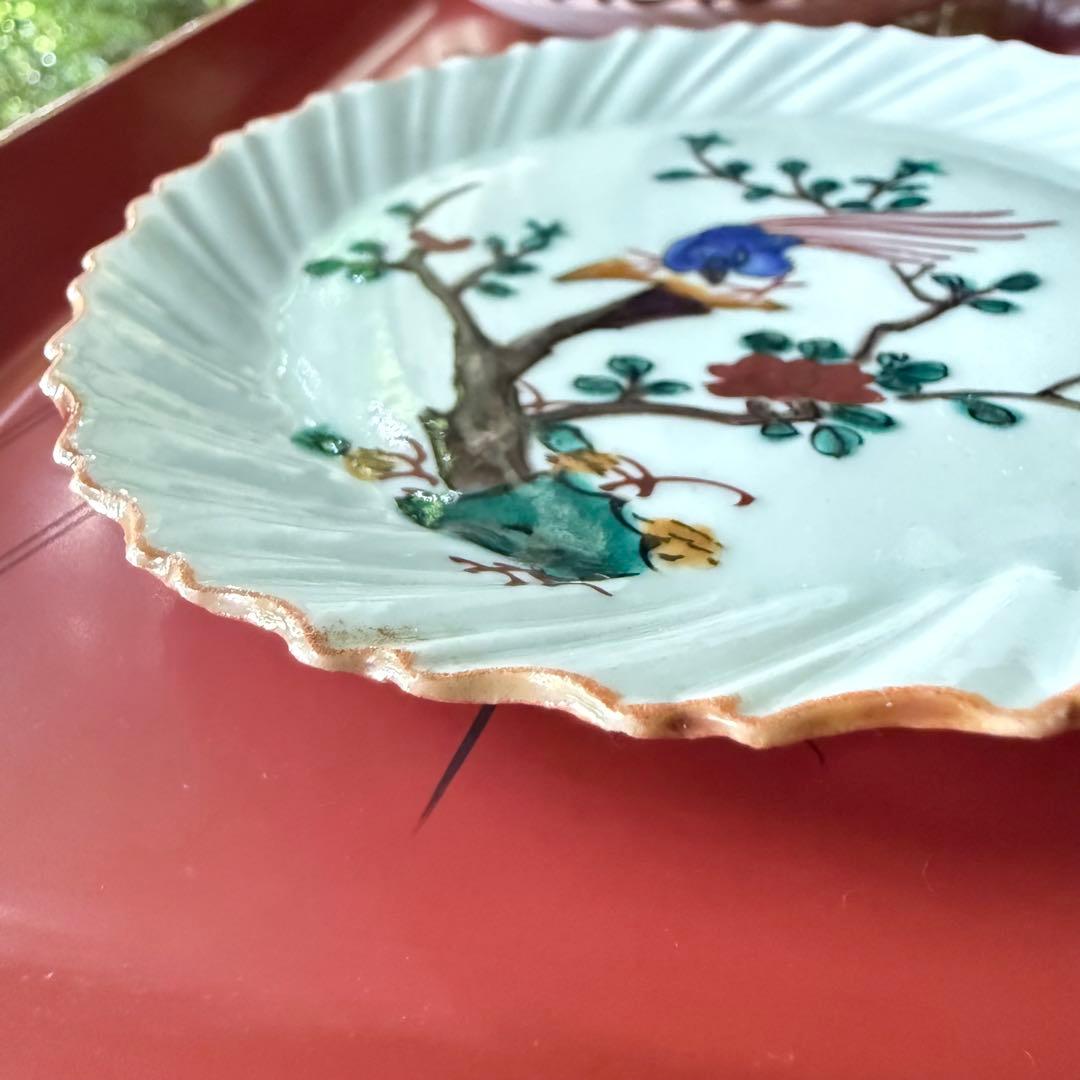 2164感謝‼️夏の倣い古九谷‼️幸せ強運の色絵花鳥図在銘福波打つ小皿4客➕1客プレ