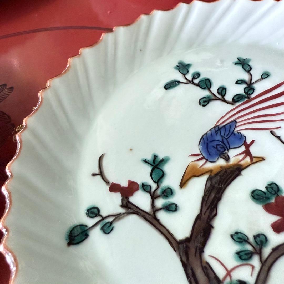 2164感謝‼️夏の倣い古九谷‼️幸せ強運の色絵花鳥図在銘福波打つ小皿4客➕1客プレ