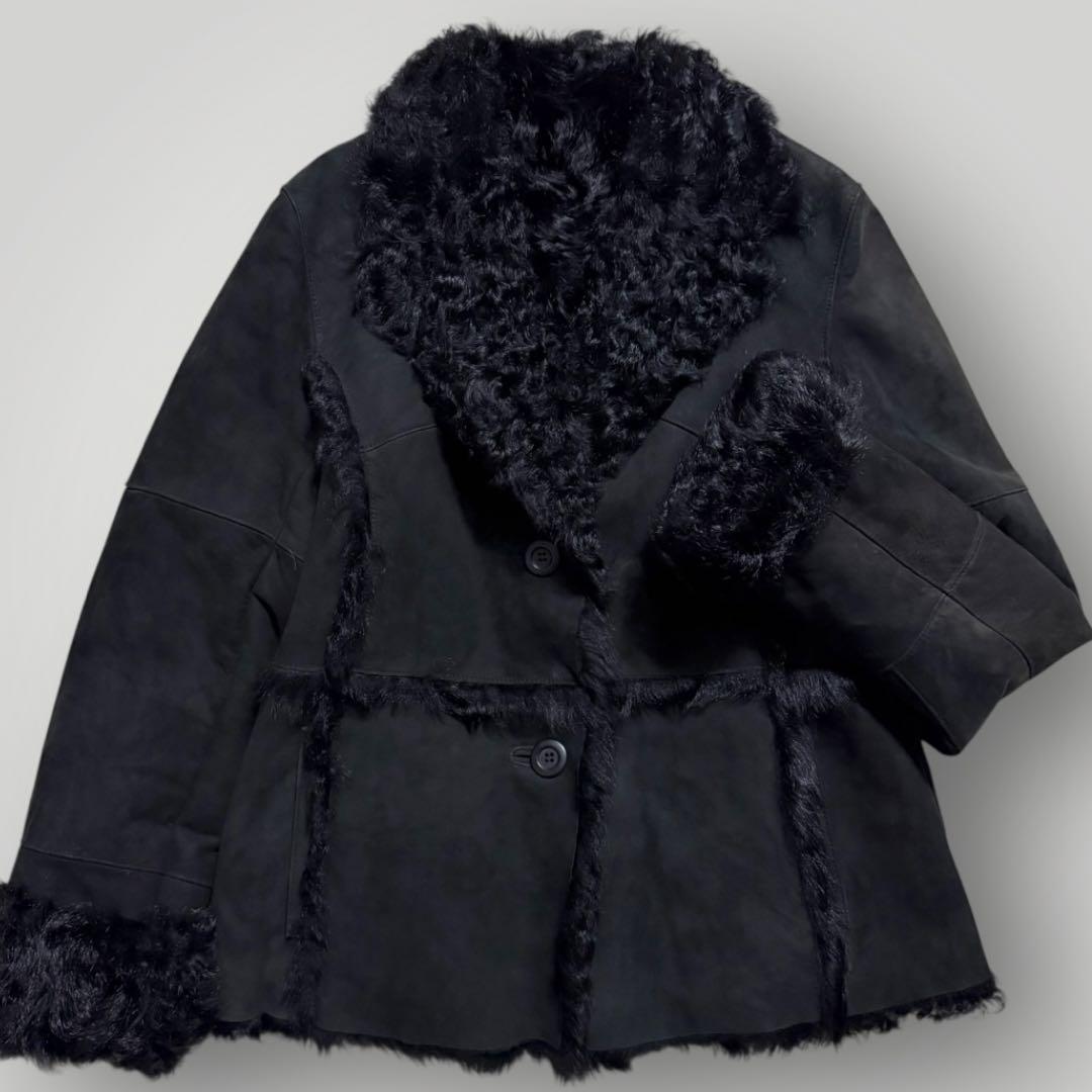 本毛皮☆ラムファー ラムレザー ファーコート ショートコート 本革 黒 L相当
