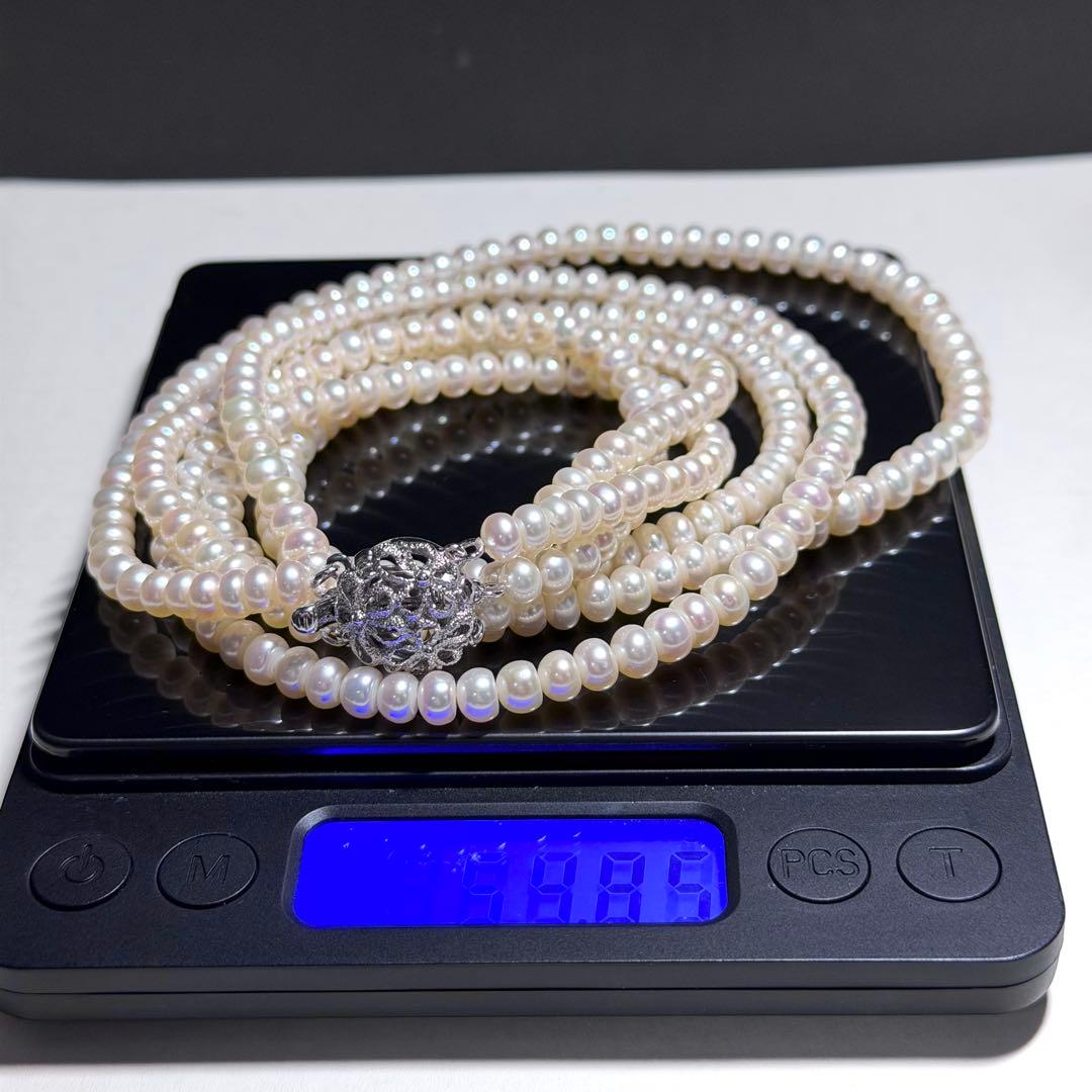 美品★テリ鮮やか★真珠3連ネックレス 本真珠 リアルパール シルバー金具