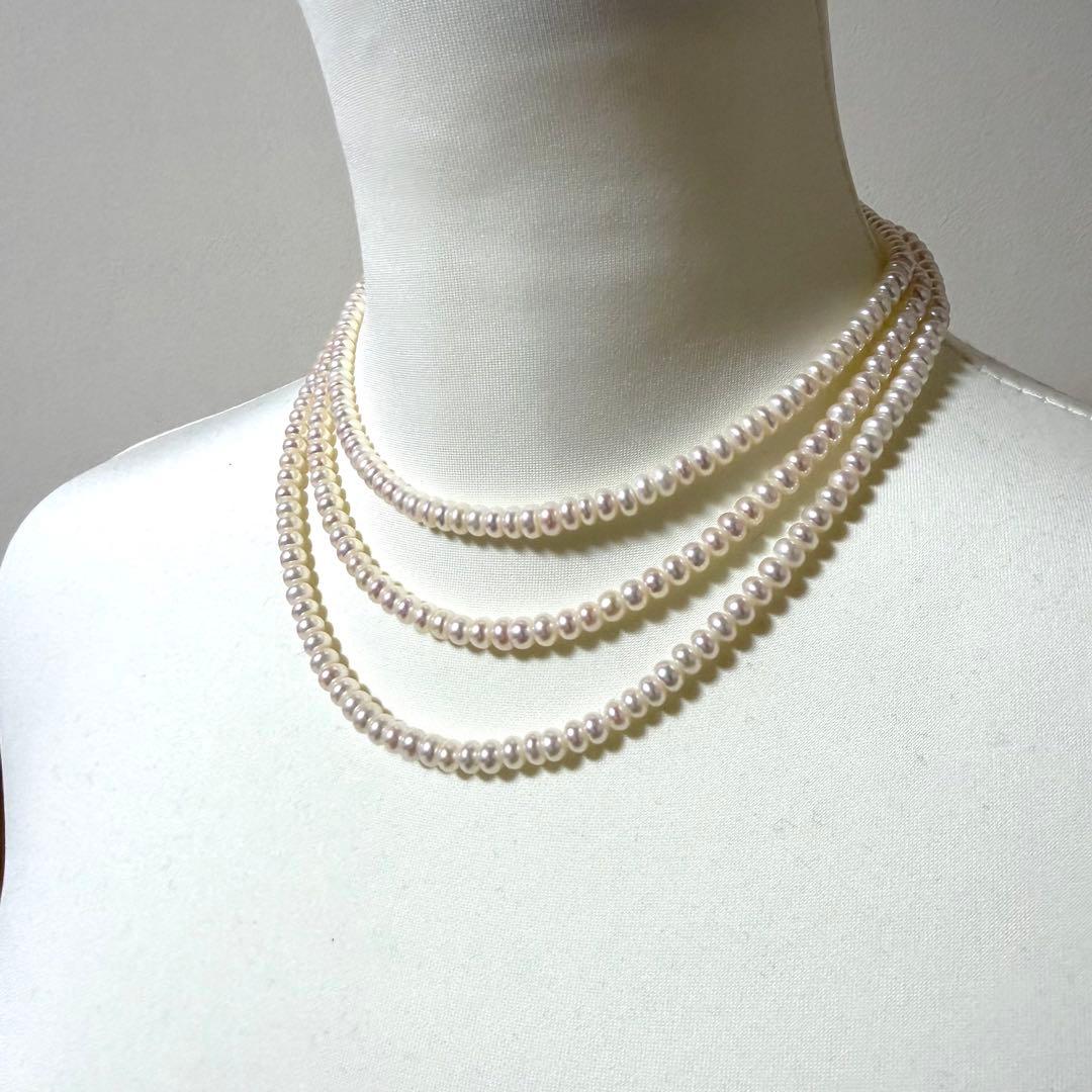 美品★テリ鮮やか★真珠3連ネックレス 本真珠 リアルパール シルバー金具