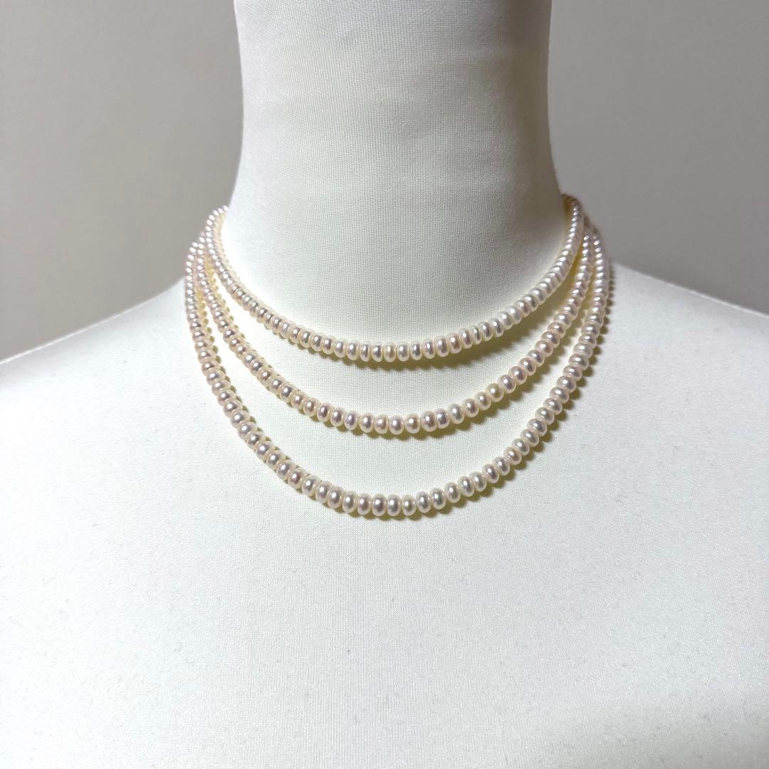 美品★テリ鮮やか★真珠3連ネックレス 本真珠 リアルパール シルバー金具