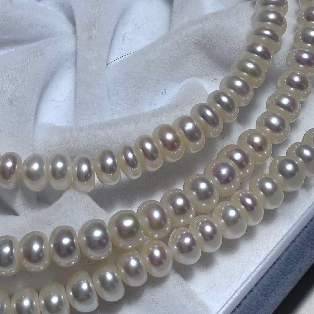 美品★テリ鮮やか★真珠3連ネックレス 本真珠 リアルパール シルバー金具