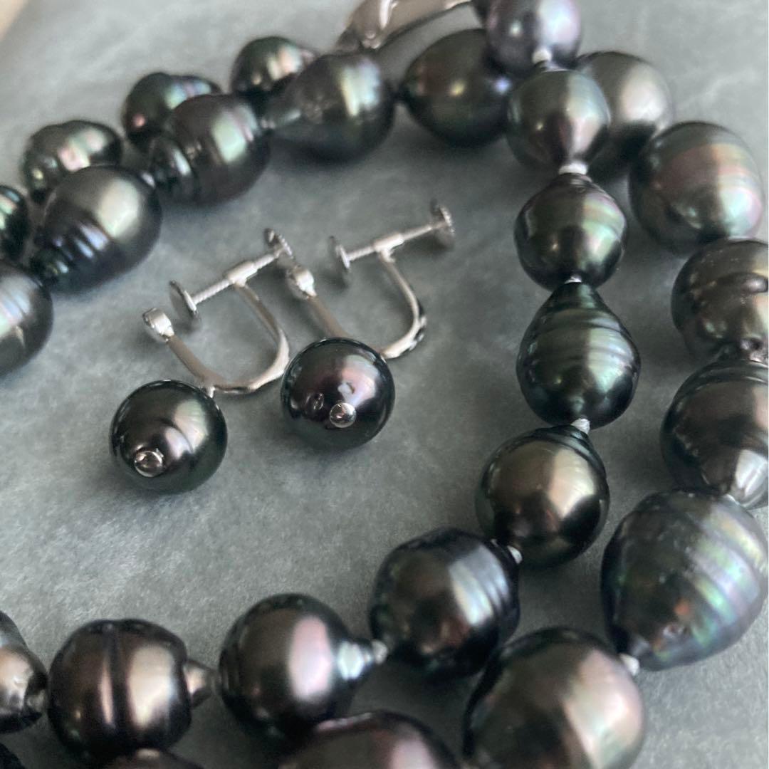 黒蝶真珠ネックレス　ブラックパール　タヒチ　バロック　イヤリング　本真珠　刻印