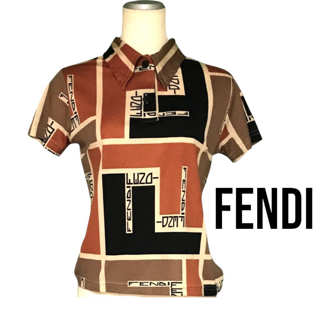 高級FENDI フェンディポロシャツ　ズッカ柄FFロゴ　総柄　44