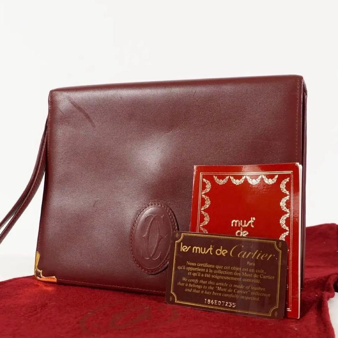 【美品✨】カルティエ　マストライン　クラッチバッグ　ロゴ型押し　ボルドー　レザー