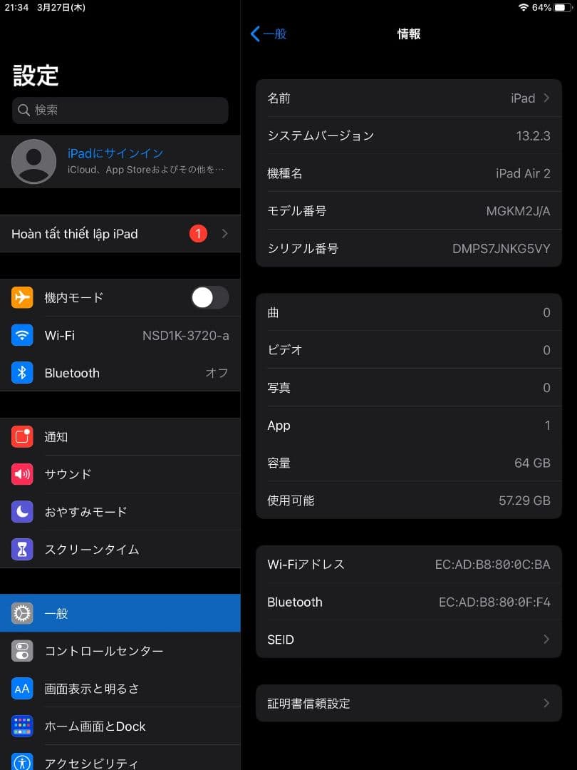 Apple iPad Air 2 64GB シルバー バッテリー 96%