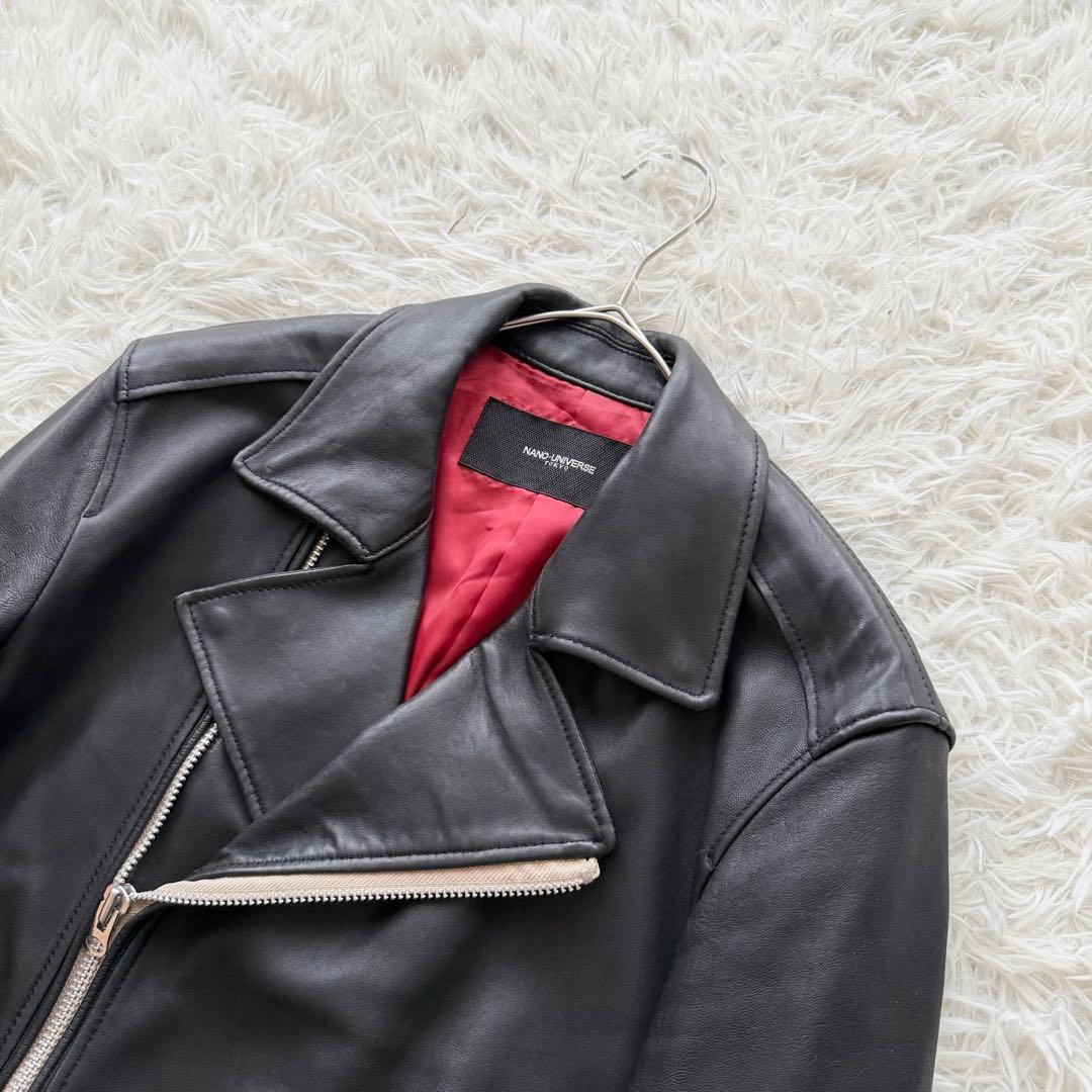 美品【ナノユニバース】ラムレザージャケット　ダブル　黒　L