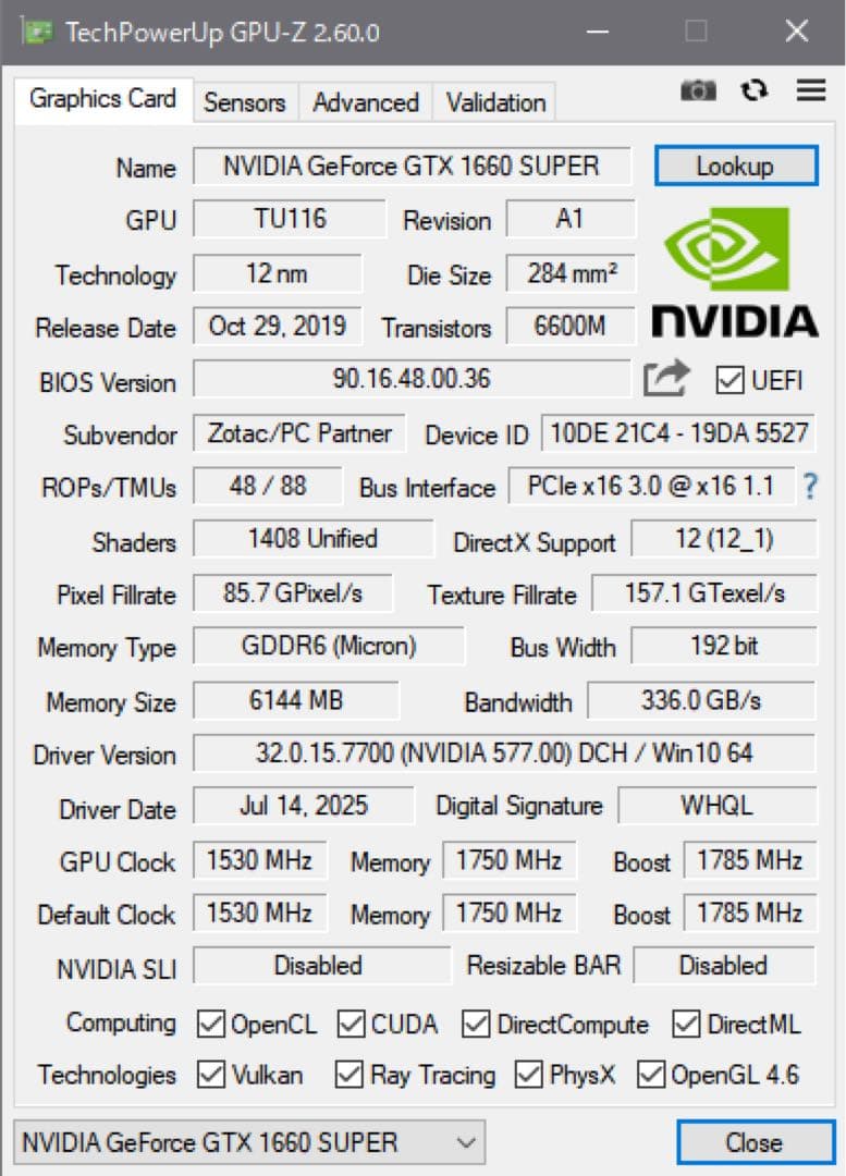 ZOTAC GTX 1660 Super 6GB グラフィックボード