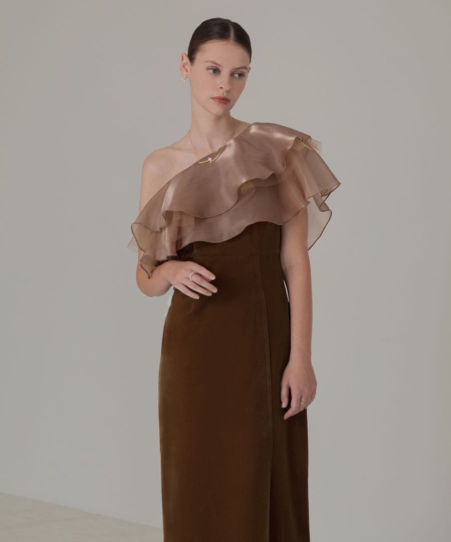 アシンメトリーティアードフリル3WAYベロアIラインドレスワンピース ブラウンM