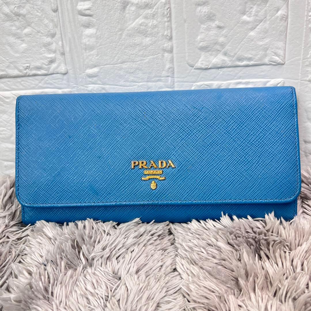 良品✨PRADA サフィアーノ　メタルロゴ　ライトブルー　レディース　長財布