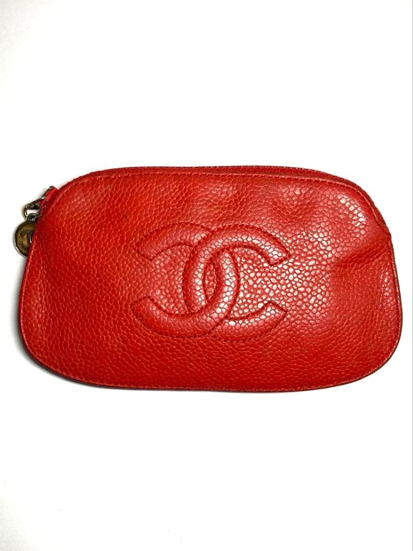 シャネル　キャビアスキン　ココマーク　ポーチ　ケース　カードケース　レッド