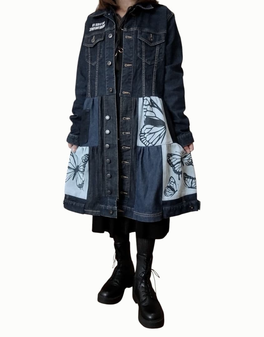 古着リメイク　Gジャンデニムパッチワーク　デニムリメイクロングジャケット