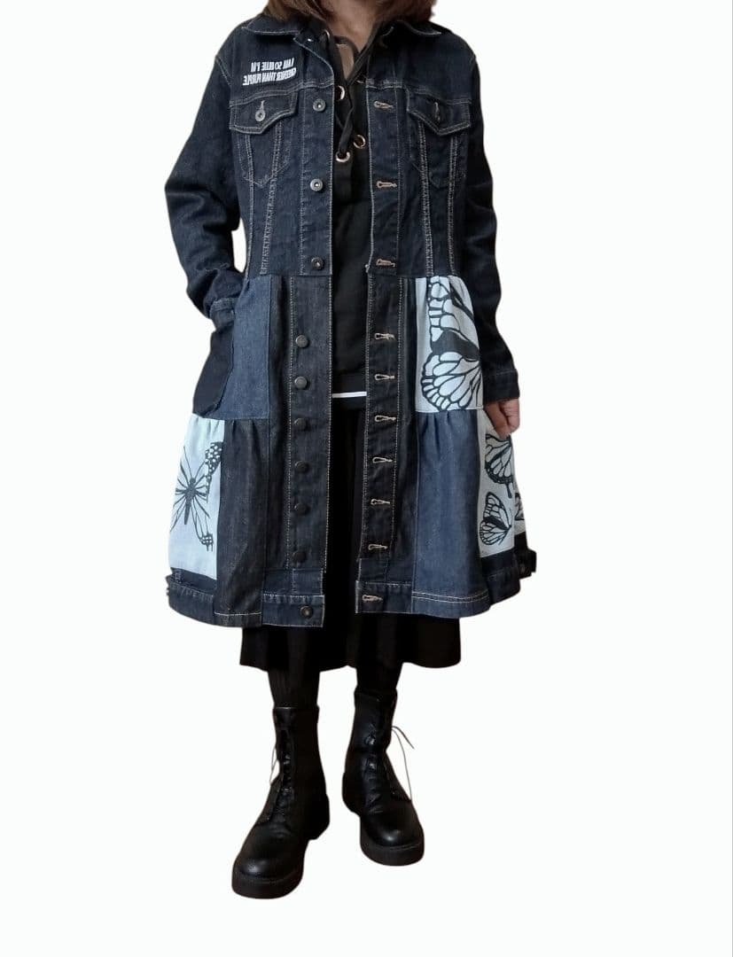 古着リメイク　Gジャンデニムパッチワーク　デニムリメイクロングジャケット