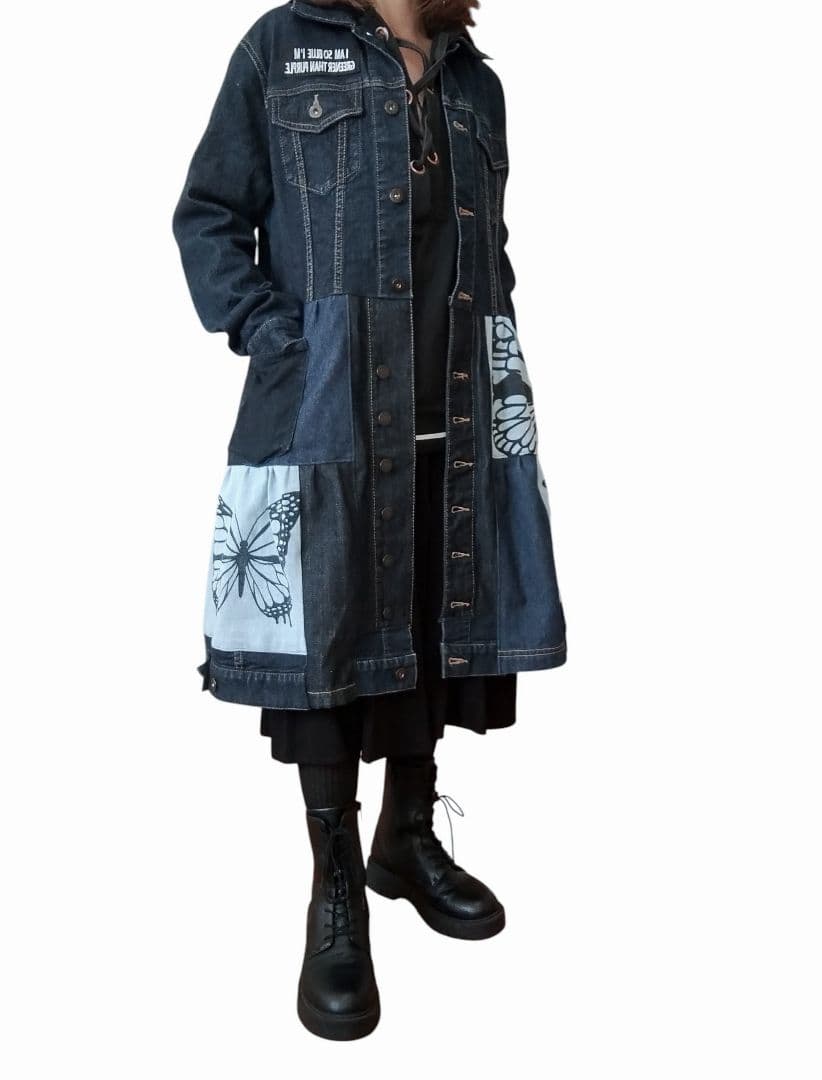 古着リメイク　Gジャンデニムパッチワーク　デニムリメイクロングジャケット