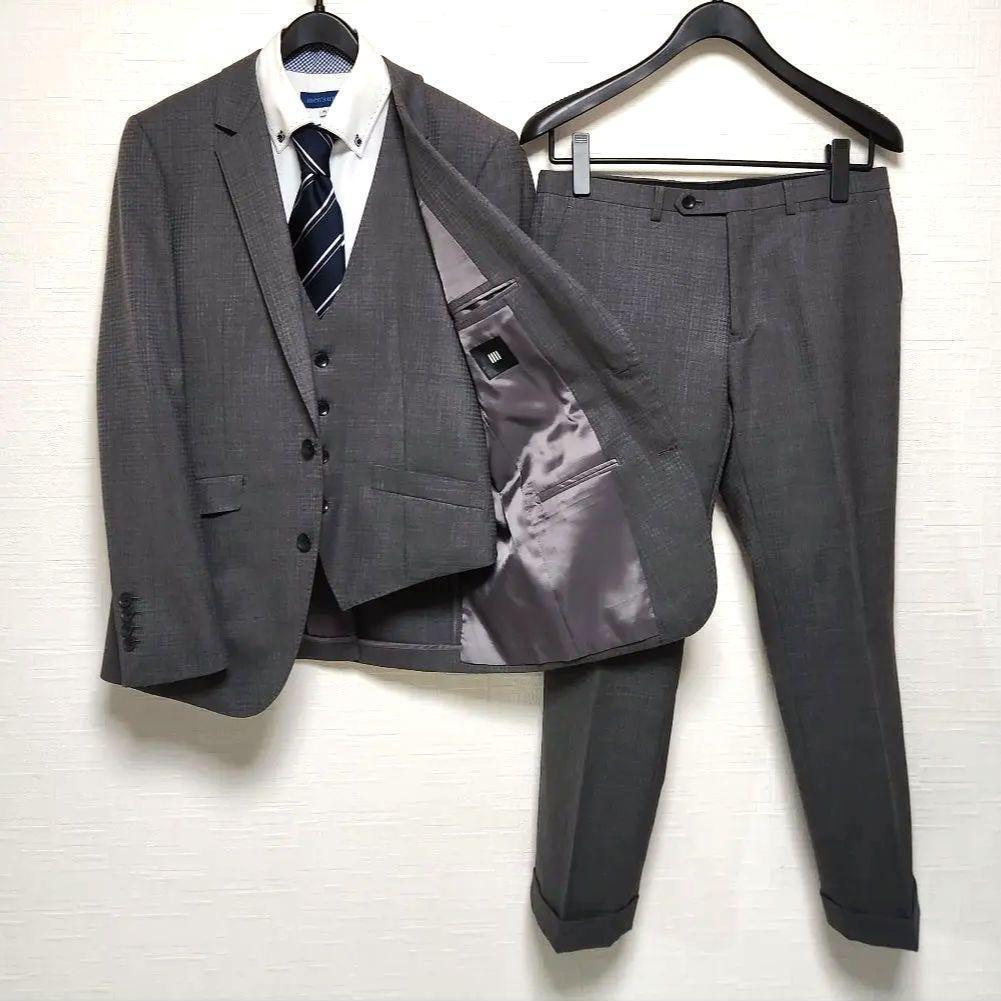 スーツセレクト　メンズ　スーツ　スリーピース　グレー　シャドーチェック柄　美品