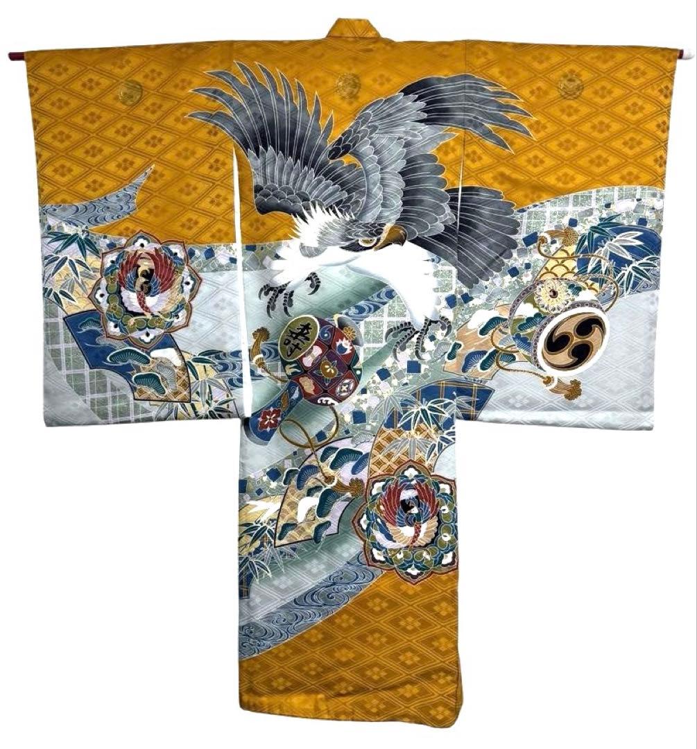 お宮参り　一つ身着物＋小物セット　男の子　正絹　からし色　鷹柄