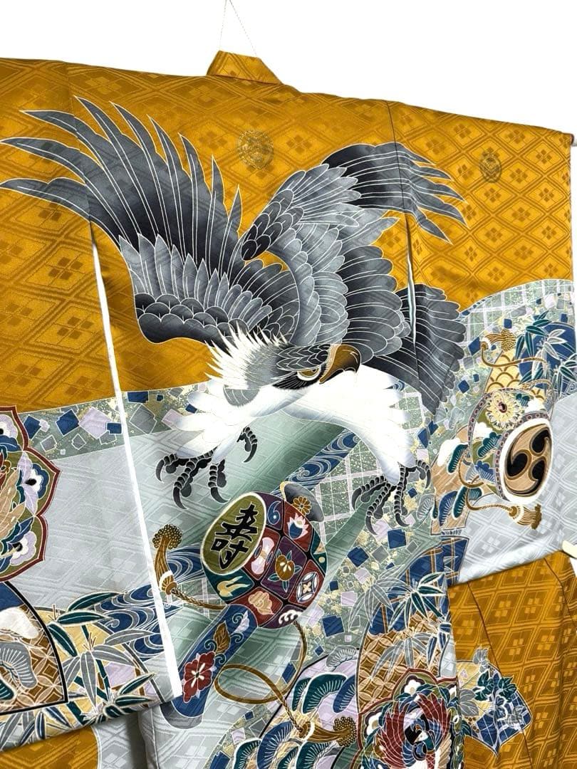 お宮参り　一つ身着物＋小物セット　男の子　正絹　からし色　鷹柄