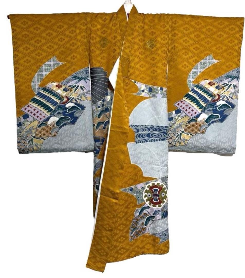 お宮参り　一つ身着物＋小物セット　男の子　正絹　からし色　鷹柄