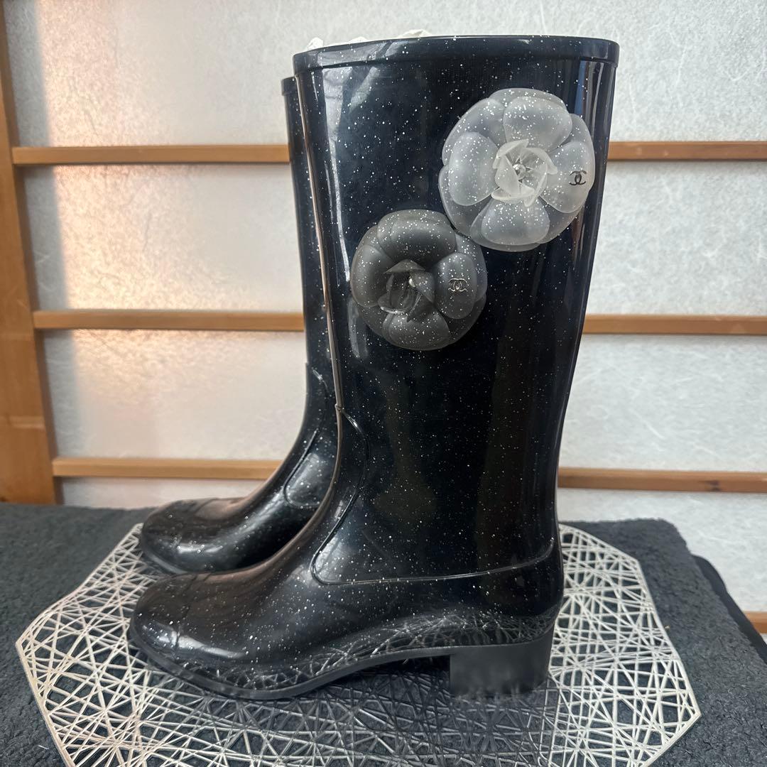 【正規品】希少 ラメ CHANEL 長靴 ブラック カメリア シャネル 38