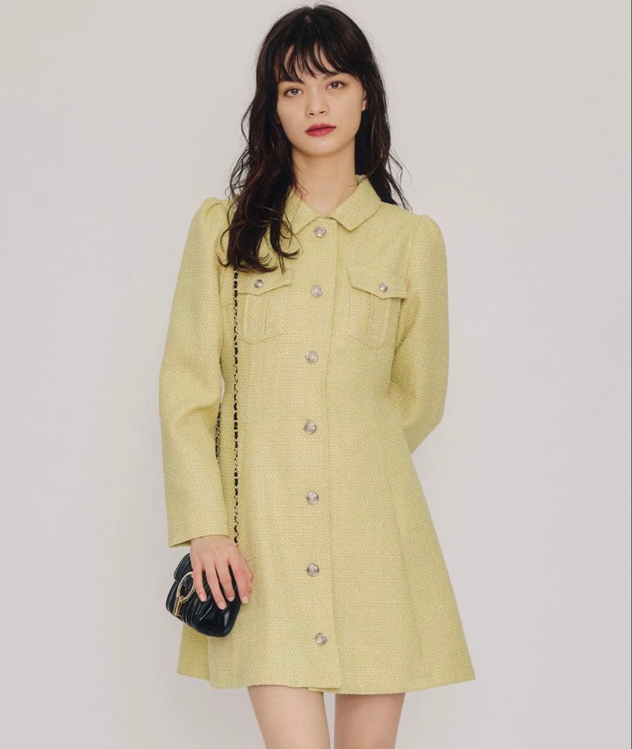 REDYAZEL エンブレムボタンツイードシャツミニワンピース イエローMサイズ
