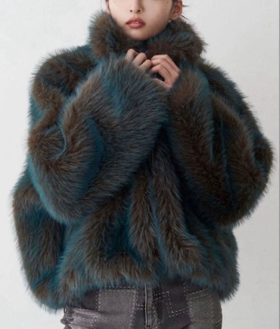 MURUA MIX フェイクファーブルゾン　ブルー