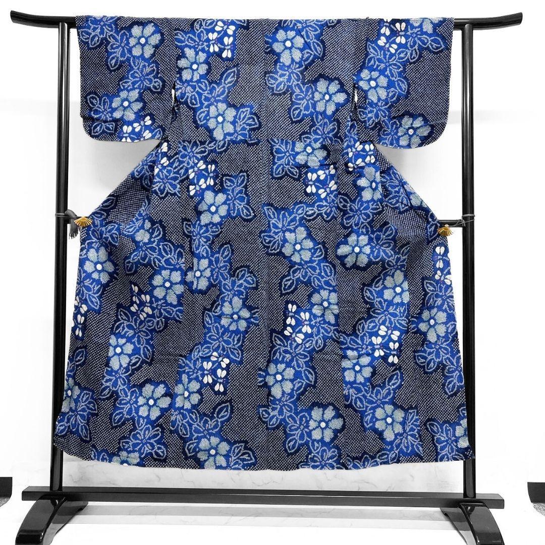 藍染　花模様　蜻蛉　とんぼ　浴衣　有松鳴海絞り　着物　042a p