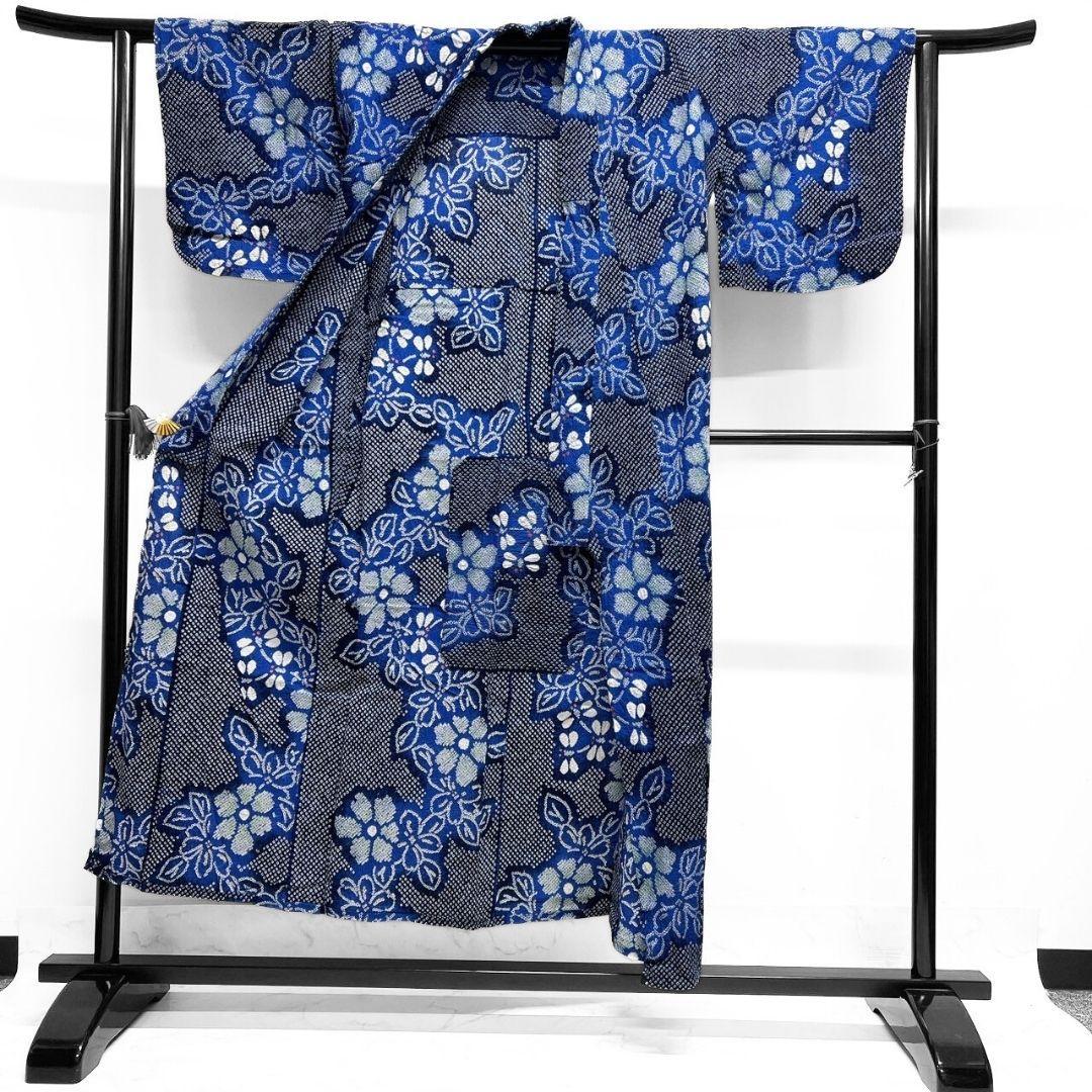 藍染　花模様　蜻蛉　とんぼ　浴衣　有松鳴海絞り　着物　042a p