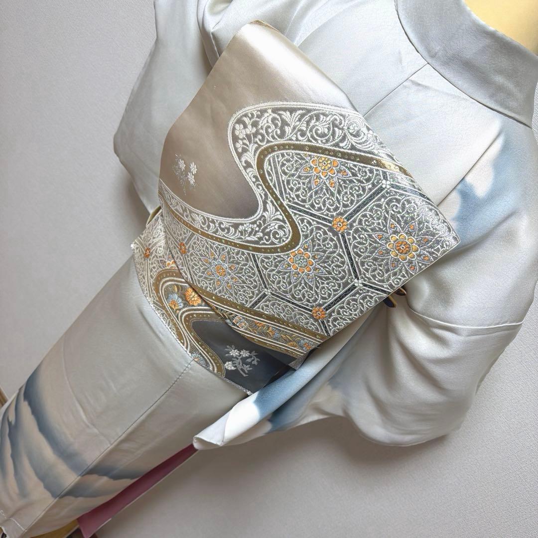 10 訪問着フルセット 正絹 淡い水色 ブルー 総刺繍 暈し染め 上品 シンプル