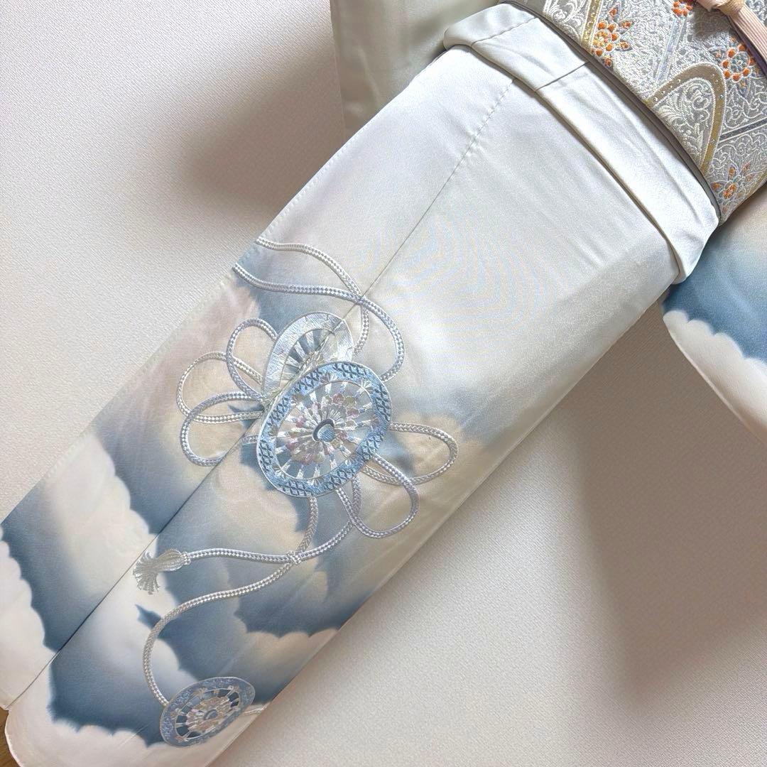 10 訪問着フルセット 正絹 淡い水色 ブルー 総刺繍 暈し染め 上品 シンプル