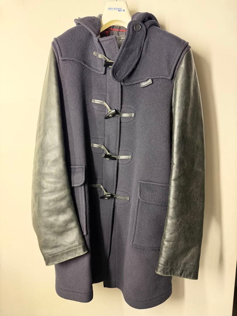 ジンヤワタナベマンx gloverall 袖レザーダッフルコート 紺　サイズM