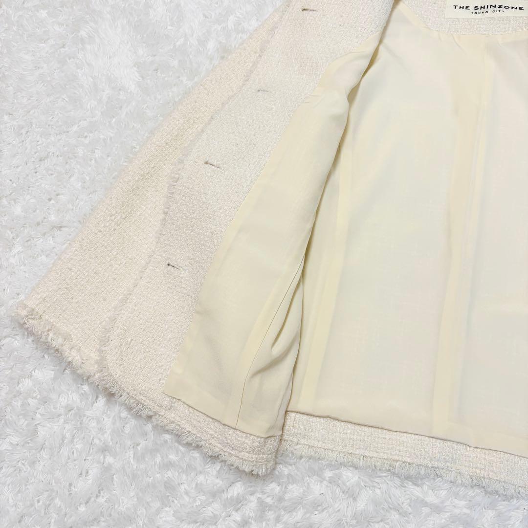 シンゾーン　ツイード　ジャケット　ノーカラー　ホワイト　シルク　入学式