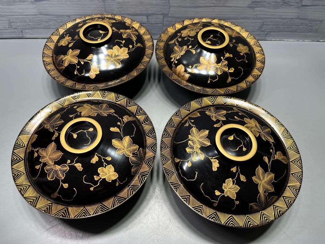 時代　極上　輪島塗　沈金蒔絵　蓋付き煮椀　四客　木製