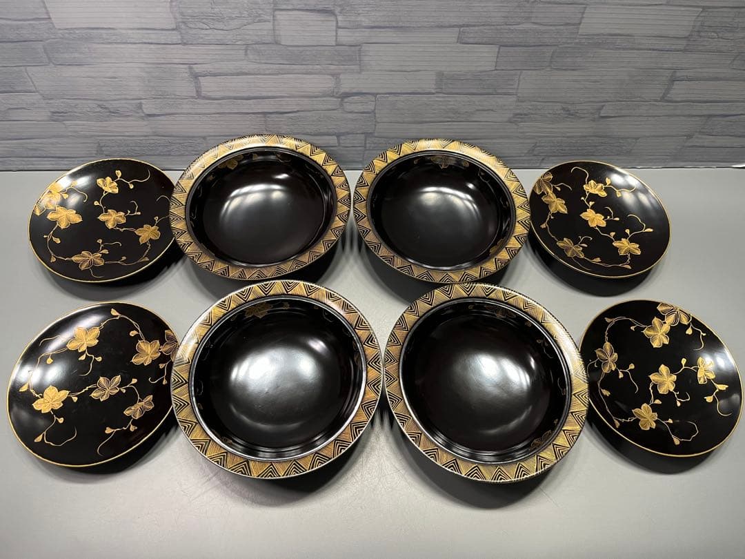 時代　極上　輪島塗　沈金蒔絵　蓋付き煮椀　四客　木製