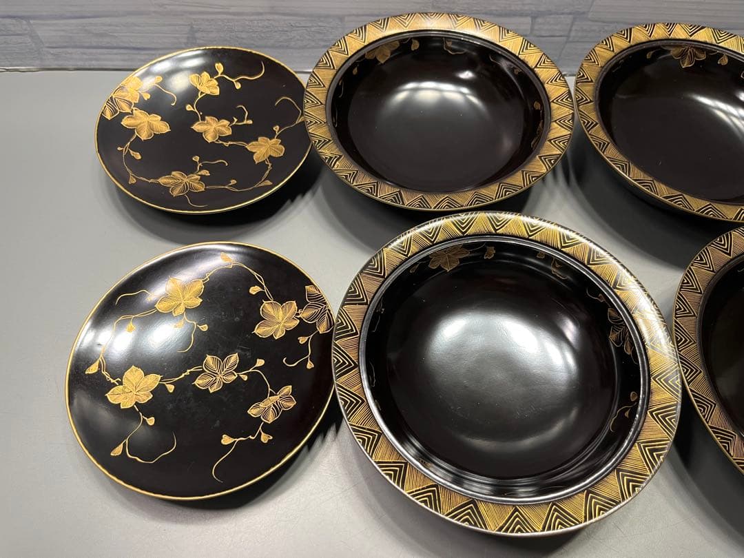 時代　極上　輪島塗　沈金蒔絵　蓋付き煮椀　四客　木製