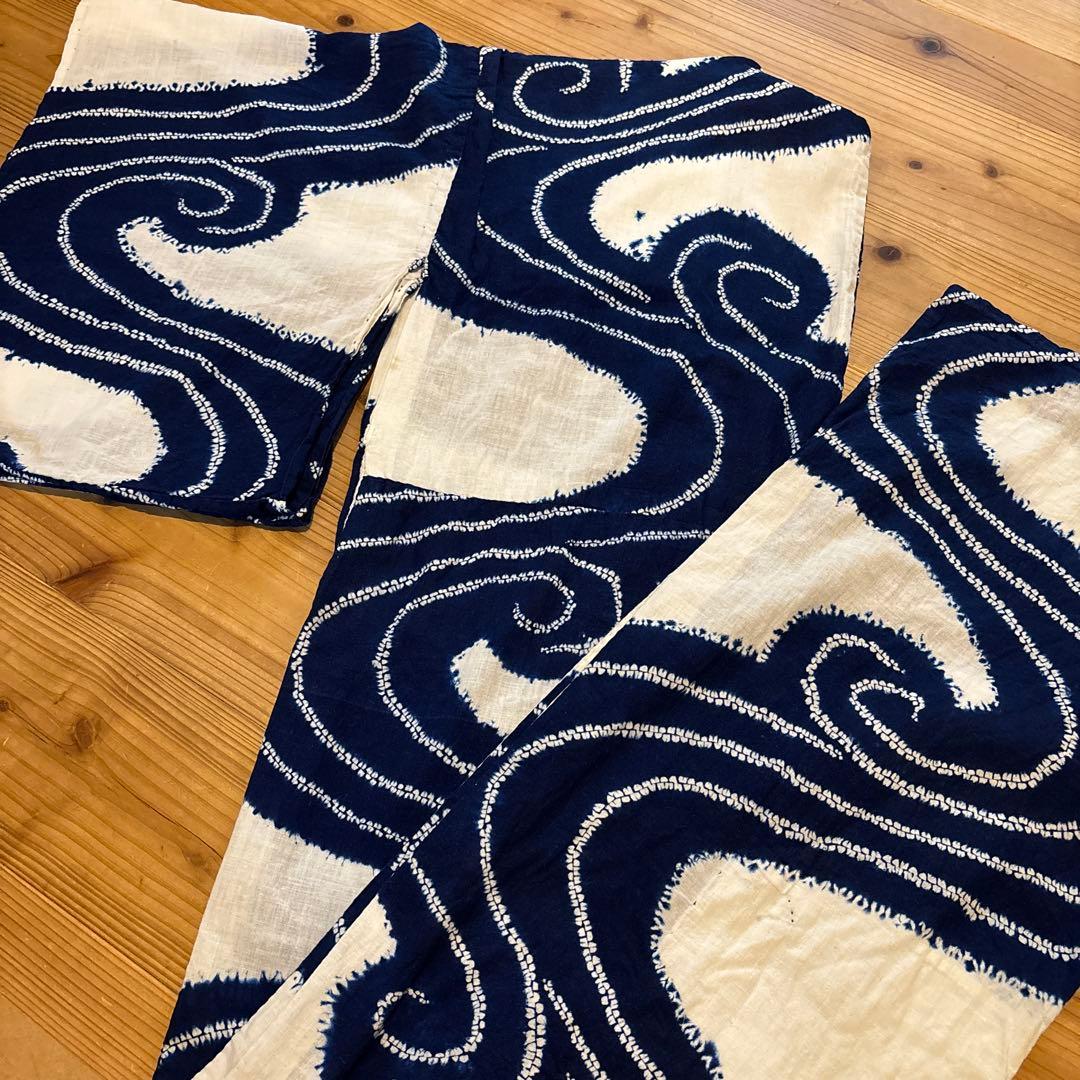 有松絞り浴衣 波 ぐるぐる 単色 手縫い 藍染 アンティーク ヴィンテージ 絞り