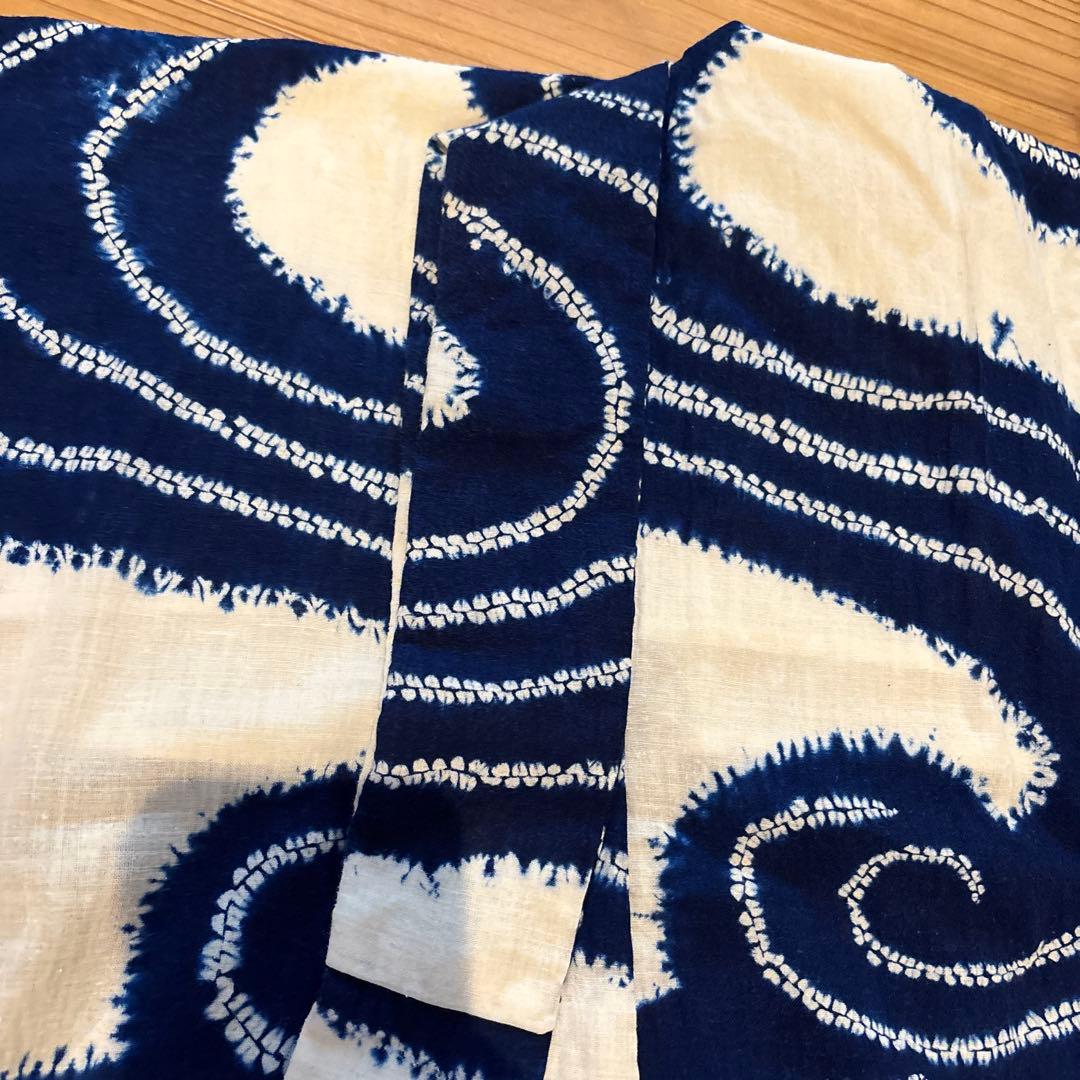 有松絞り浴衣 波 ぐるぐる 単色 手縫い 藍染 アンティーク ヴィンテージ 絞り