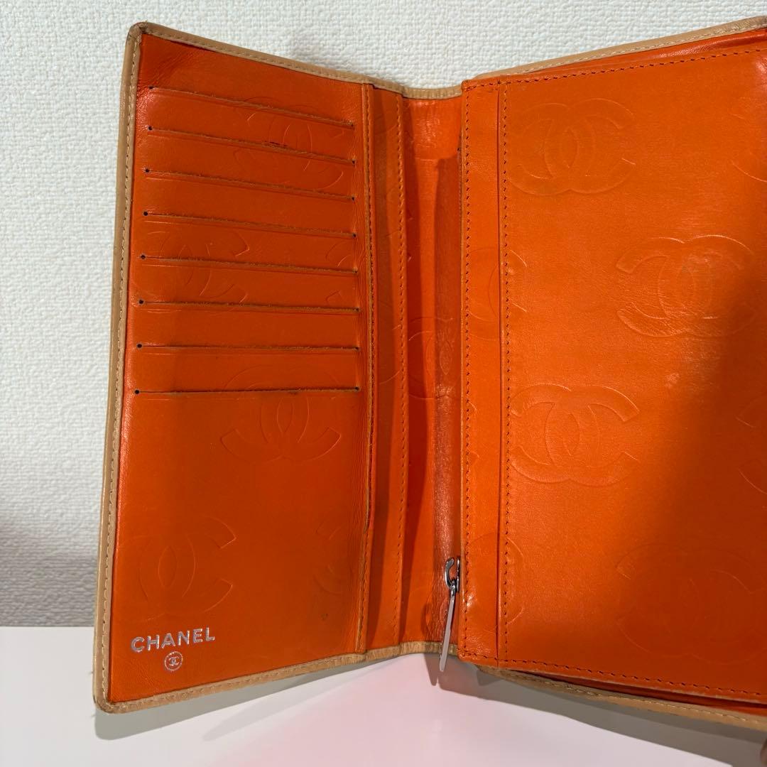 シャネル カンボンライン ベージュ オレンジ キルティング 長財布