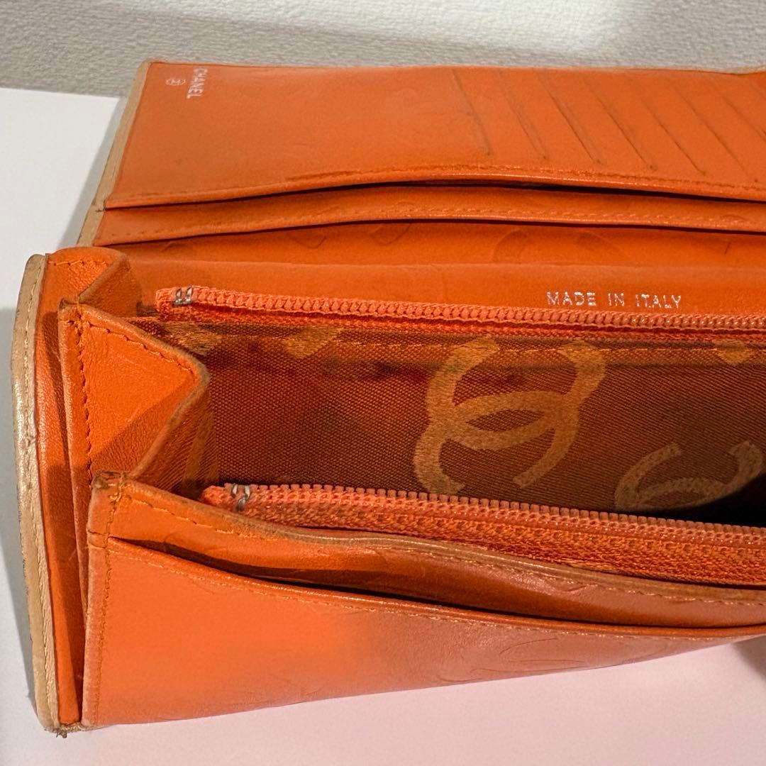 シャネル カンボンライン ベージュ オレンジ キルティング 長財布