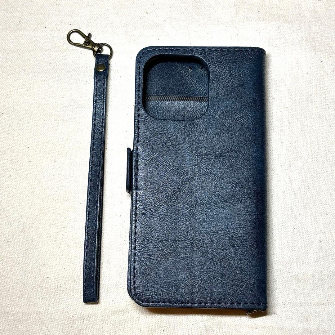 【✨特価✨】iPhone13Pro　ケース　手帳型　ネイビー　ストラップ付