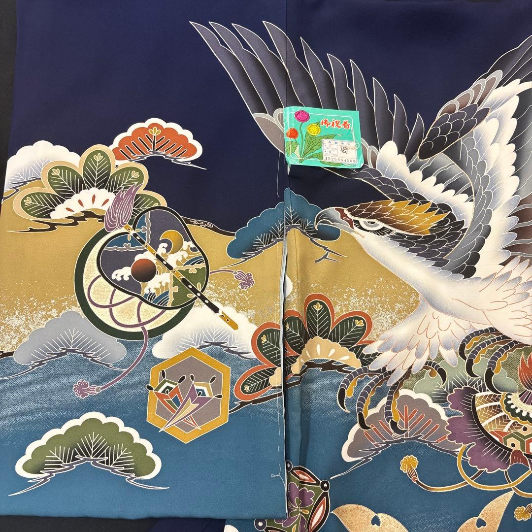 新品「最高級品」男子正絹産着祝着京友禅大鷹多色手描き染、特選豪華金銀彩大将兜文