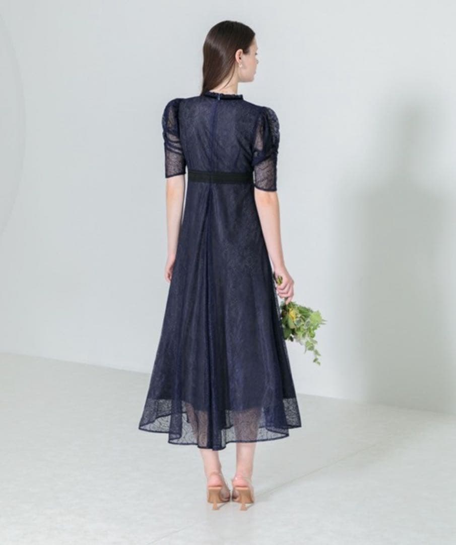 Leja ウエストマークパフスリーブ総レースロングドレスワンピース S