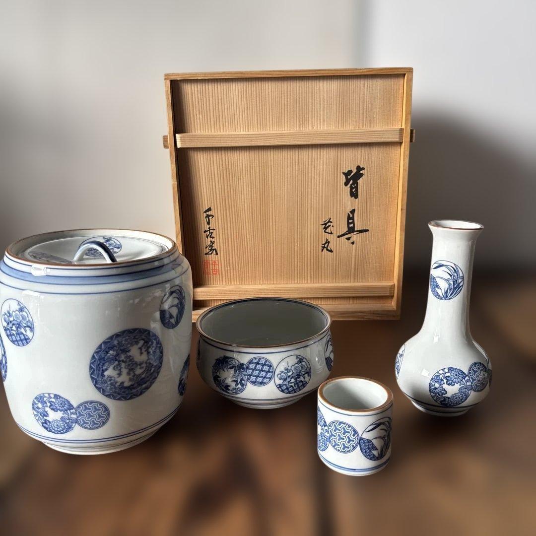 皆具 千古窯造 染付花丸文 水指　建水　蓋置　杓立 共箱