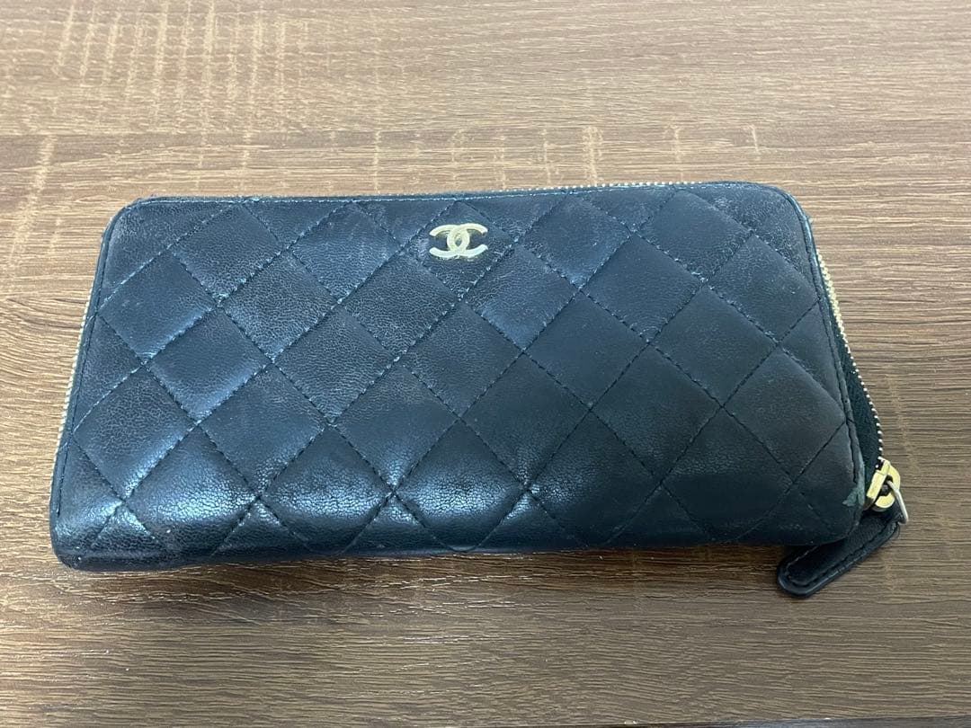 シャネル 長財布 マトラッセ キャビアスキン ブラック ゴールド金具