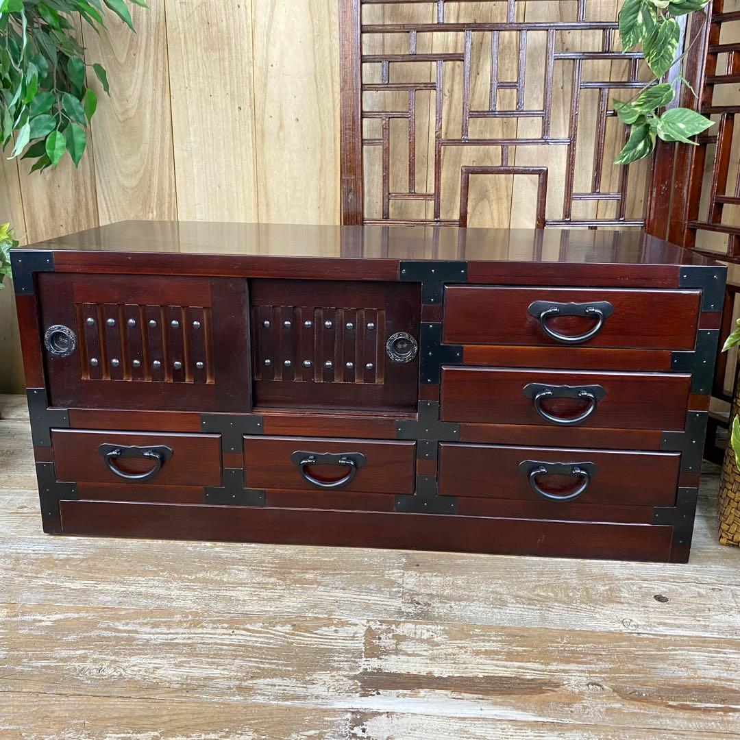 訳あり品！【136】民芸家具桐材天然無垢和引き戸付きチェスト横長テレビ台飾り棚