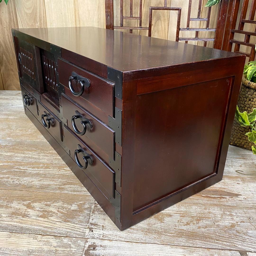 訳あり品！【136】民芸家具桐材天然無垢和引き戸付きチェスト横長テレビ台飾り棚