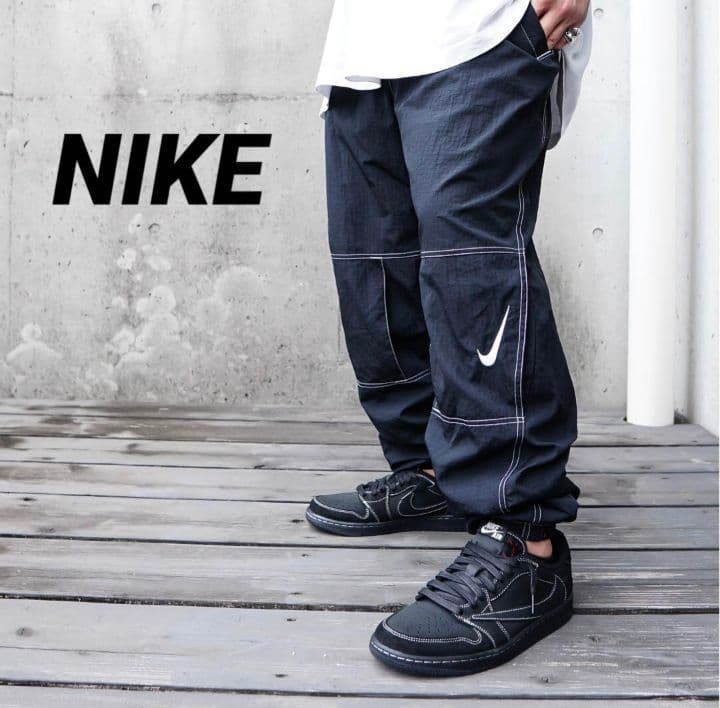NIKE ナイロンパンツ 白ステッチ 刺繍ロゴ ブラック XL
