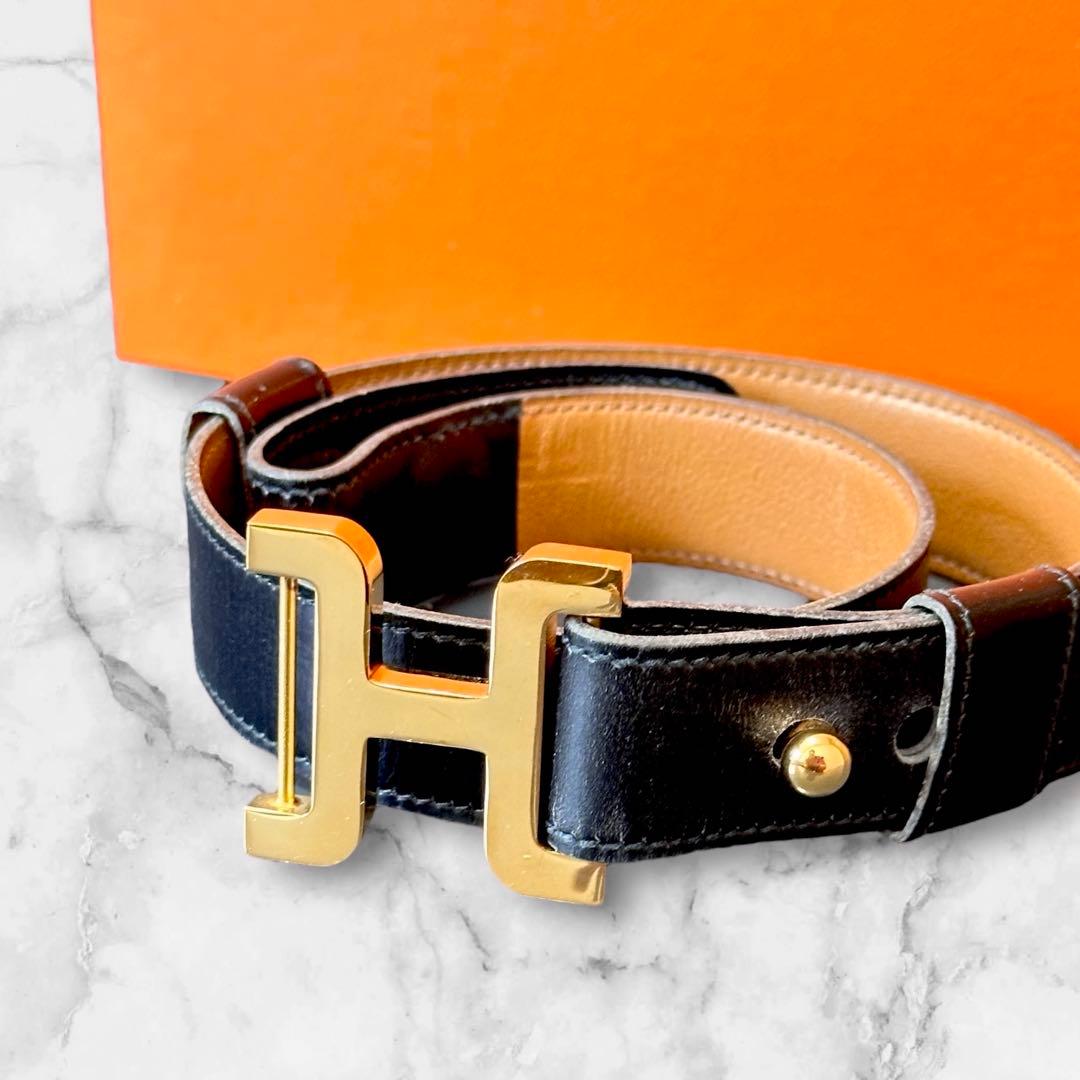 極美品✨HERMES エルメス H バックル ベルト レザー ブラック ゴールド