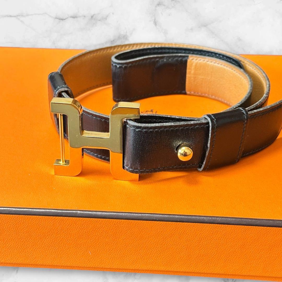 極美品✨HERMES エルメス H バックル ベルト レザー ブラック ゴールド
